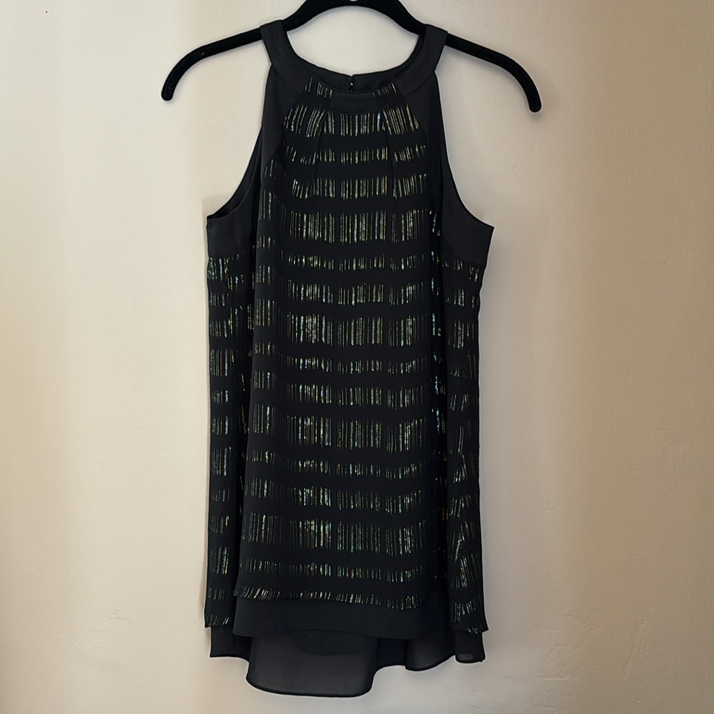WHBM Black Silk Halter Top with Silver & Gold Threads